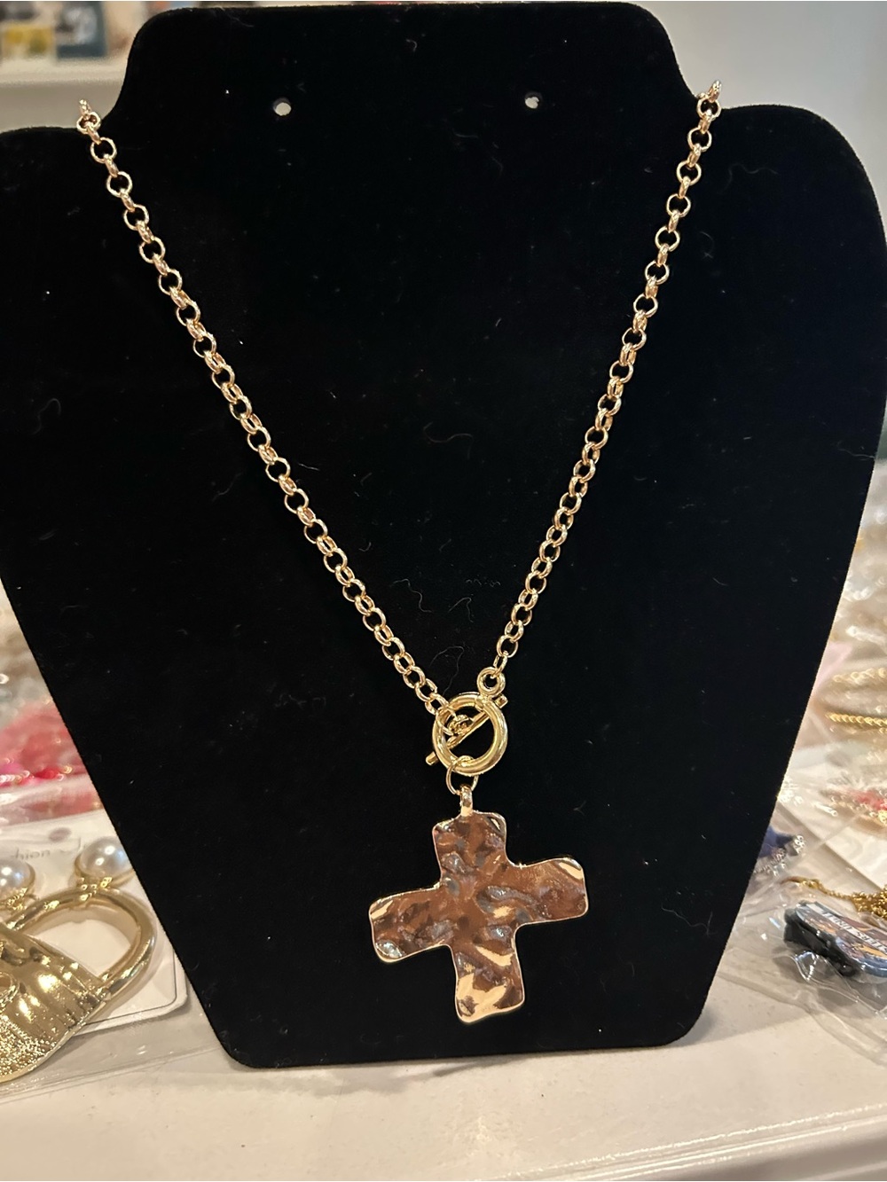 Gold Hammered Cross Pendant Necklace - Women Jewelry